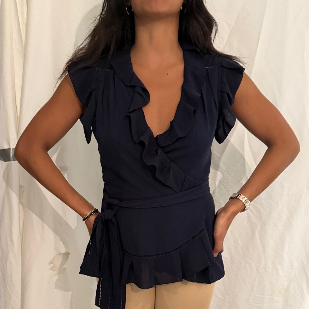Diane Von Furstenberg Navy Ruffle Wrap Blouse